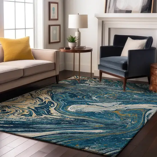 Navy Blue Gold And White Abstract Washable Area Rug With UV Protection Photo 4