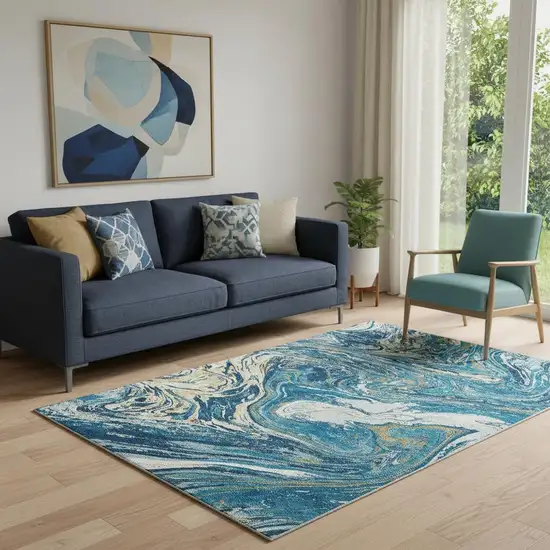 Navy Blue Gold And White Abstract Washable Area Rug With UV Protection Photo 2