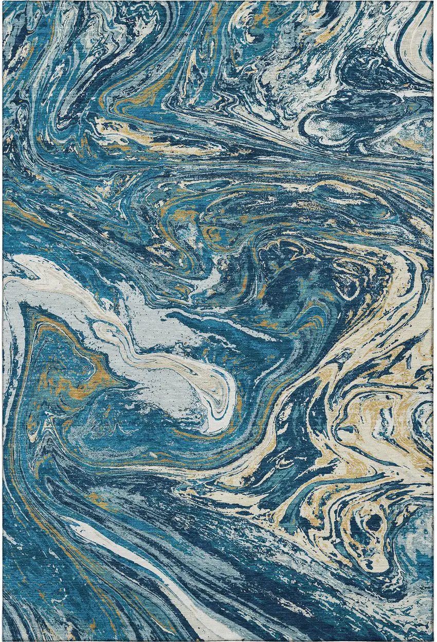 Navy Blue Gold And White Abstract Washable Area Rug With UV Protection Photo 3