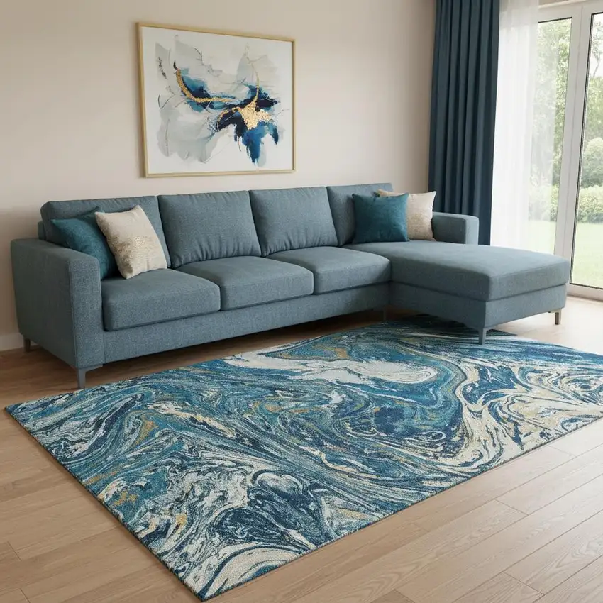 Navy Blue Gold And White Abstract Washable Area Rug With UV Protection Photo 2