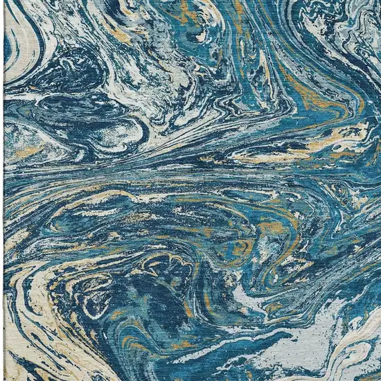 Navy Blue Gold And White Abstract Washable Area Rug With UV Protection Photo 2