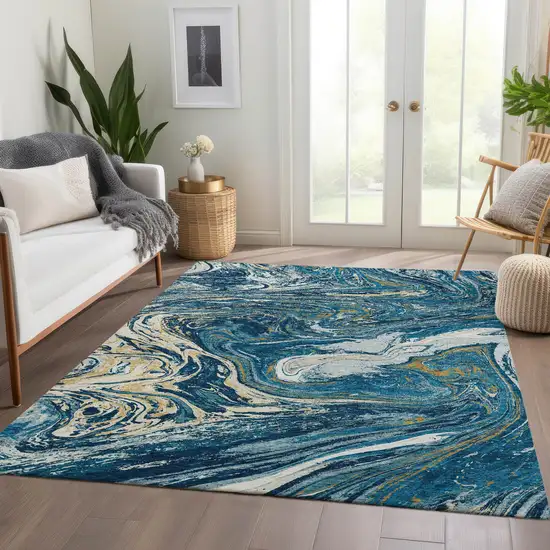 Navy Blue Gold And White Abstract Washable Area Rug With UV Protection Photo 5