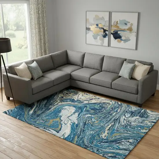 Navy Blue Gold And White Abstract Washable Area Rug With UV Protection Photo 2