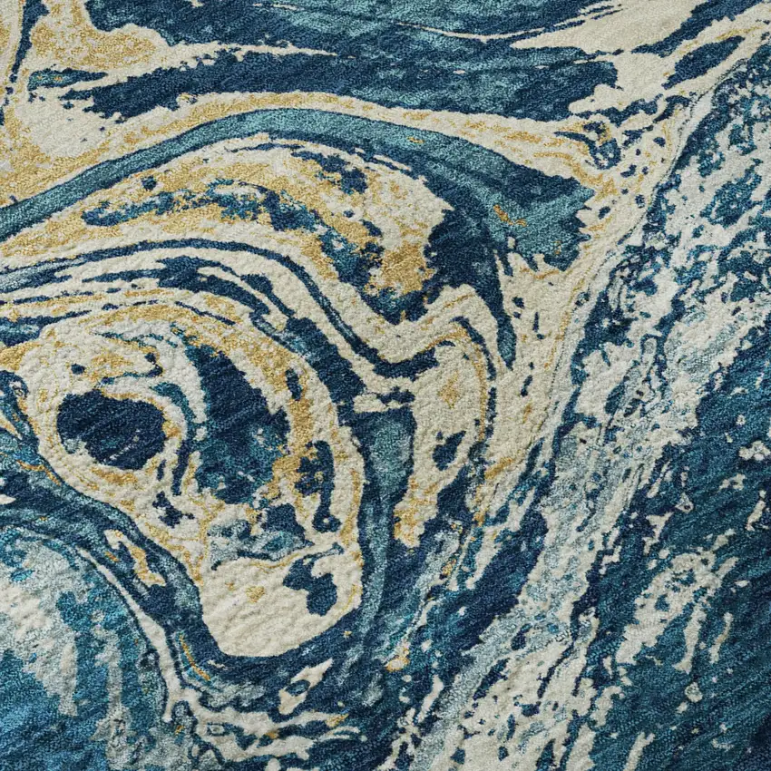 Navy Blue Gold And White Abstract Washable Area Rug With UV Protection Photo 9