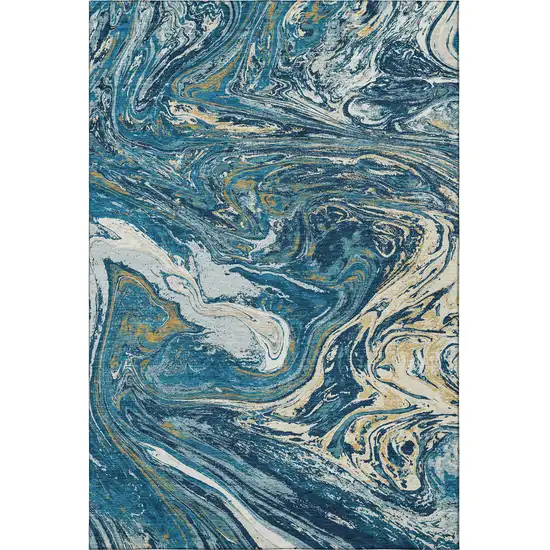 Navy Blue Gold And White Abstract Washable Area Rug With UV Protection Photo 3