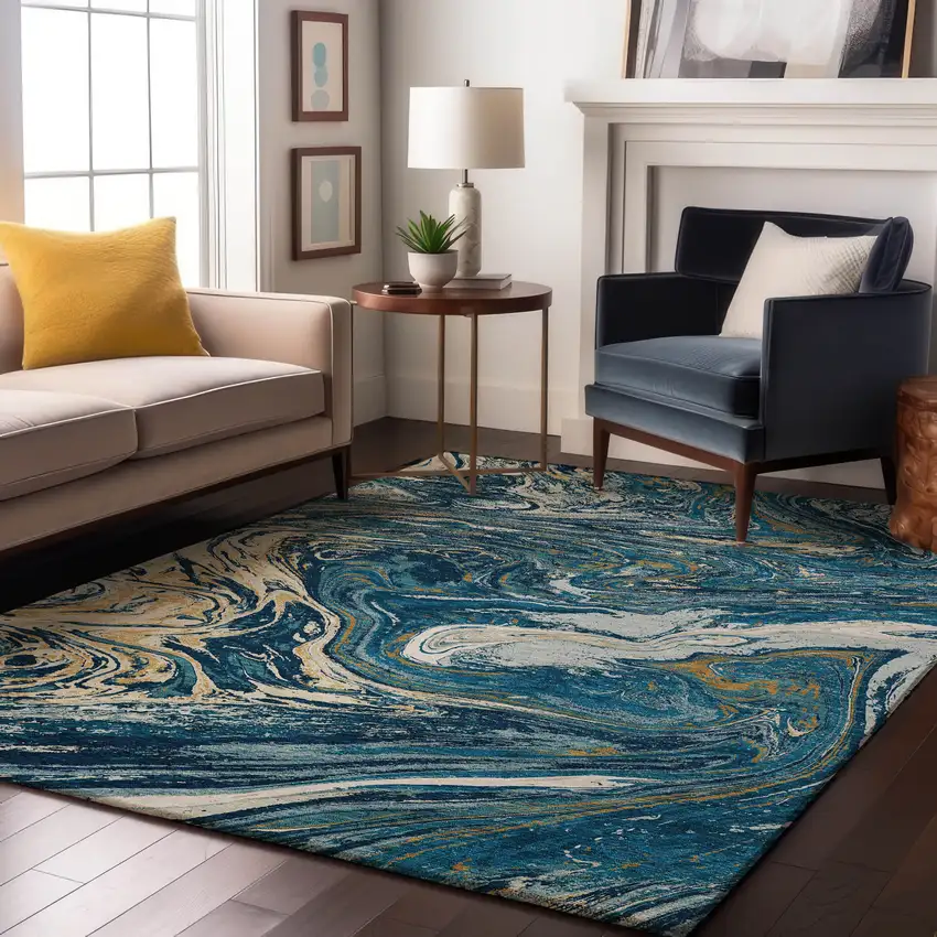Navy Blue Gold And White Abstract Washable Area Rug With UV Protection Photo 3