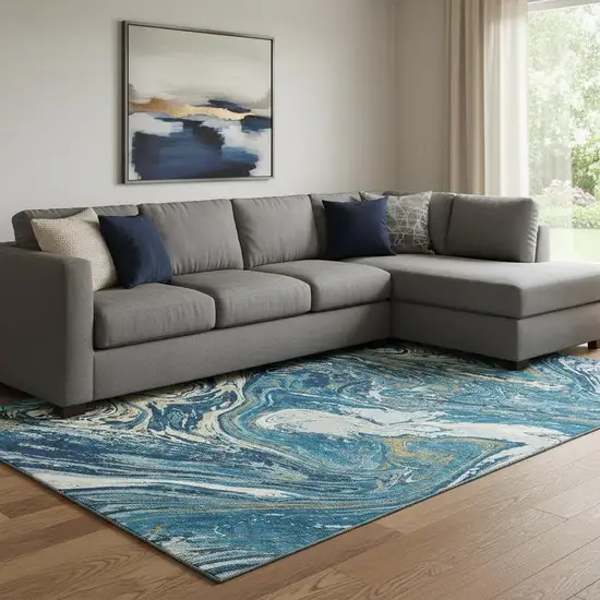 Navy Blue Gold And White Abstract Washable Area Rug With UV Protection Photo 2