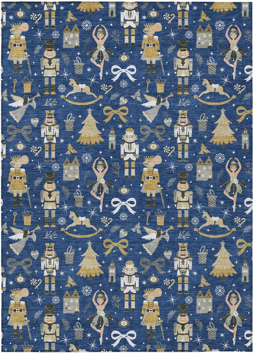 Navy Blue Gold Black And Gray Village Houses Washable Indoor Outdoor Area Rug Photo 1