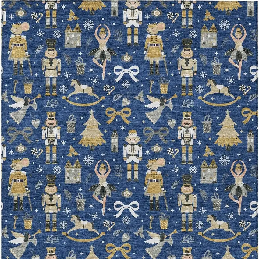 Navy Blue Gold Black And Gray Village Houses Washable Indoor Outdoor Area Rug Photo 3