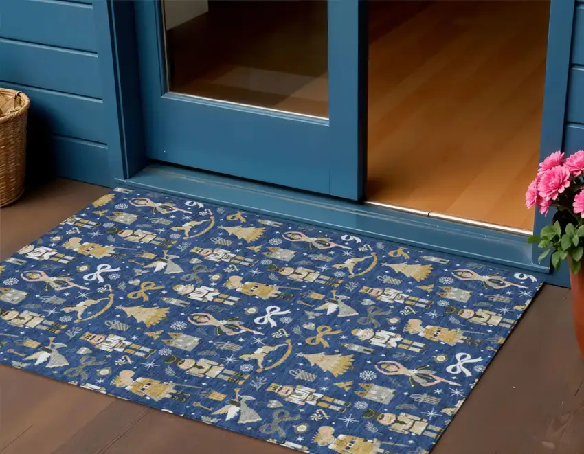 Navy Blue Gold Black And Gray Nutcracker Washable Indoor Outdoor Area Rug Photo 1