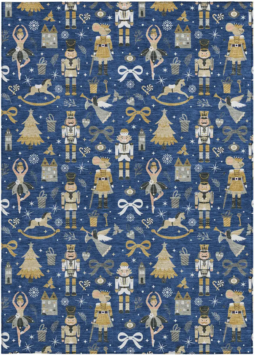 Navy Blue Gold Black And Gray Village Houses Washable Indoor Outdoor Area Rug Photo 4