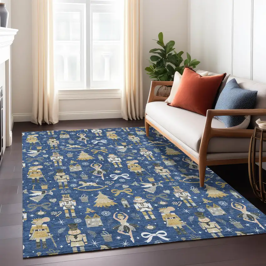 Navy Blue Gold Black And Gray Village Houses Washable Indoor Outdoor Area Rug Photo 7