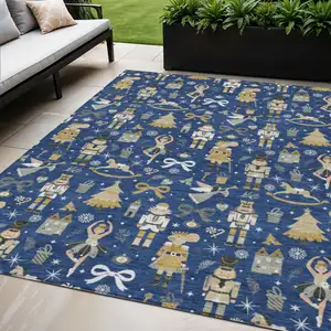 Photo of Navy Blue Gold Black And Gray Village Houses Washable Indoor Outdoor Area Rug