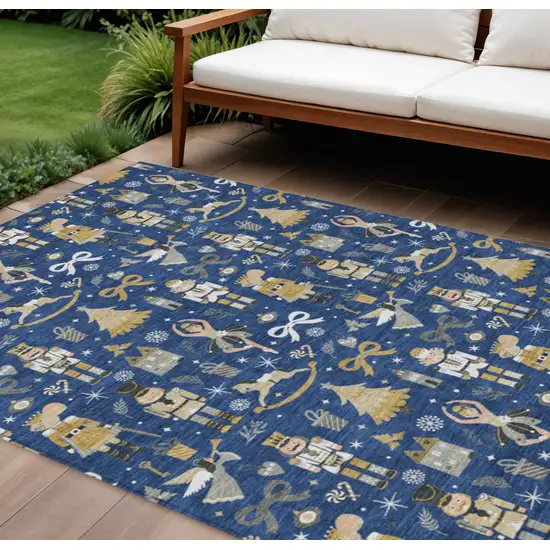 Navy Blue Gold Black And Gray Village Houses Washable Indoor Outdoor Area Rug Photo 2