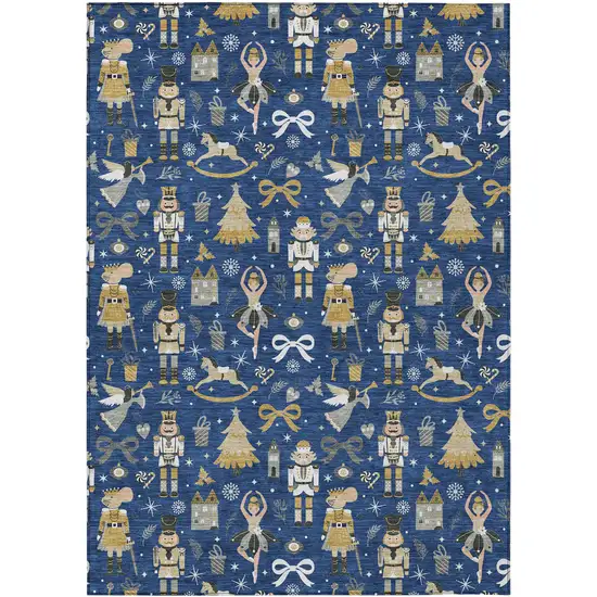 Navy Blue Gold Black And Gray Village Houses Washable Indoor Outdoor Area Rug Photo 1
