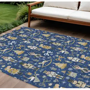 Photo of Navy Blue Gold Black And Gray Village Houses Washable Indoor Outdoor Area Rug