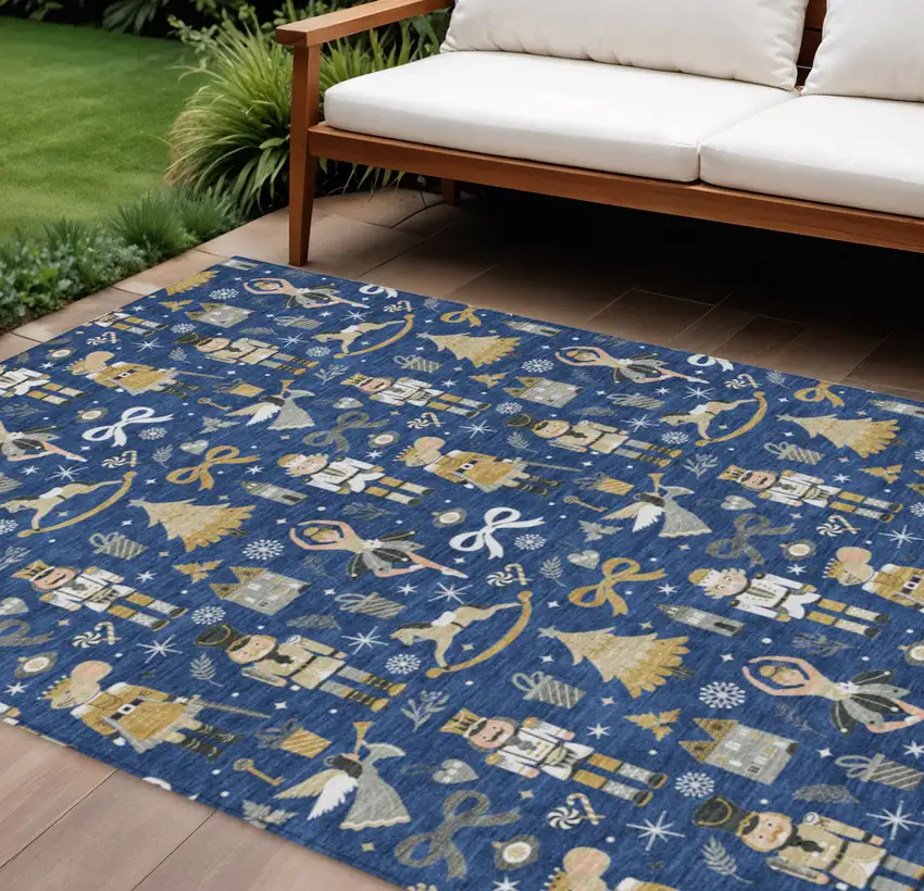 Navy Blue Gold Black And Gray Village Houses Washable Indoor Outdoor Area Rug Photo 2