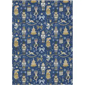 Photo of Navy Blue Gold Black And Gray Village Houses Washable Indoor Outdoor Area Rug
