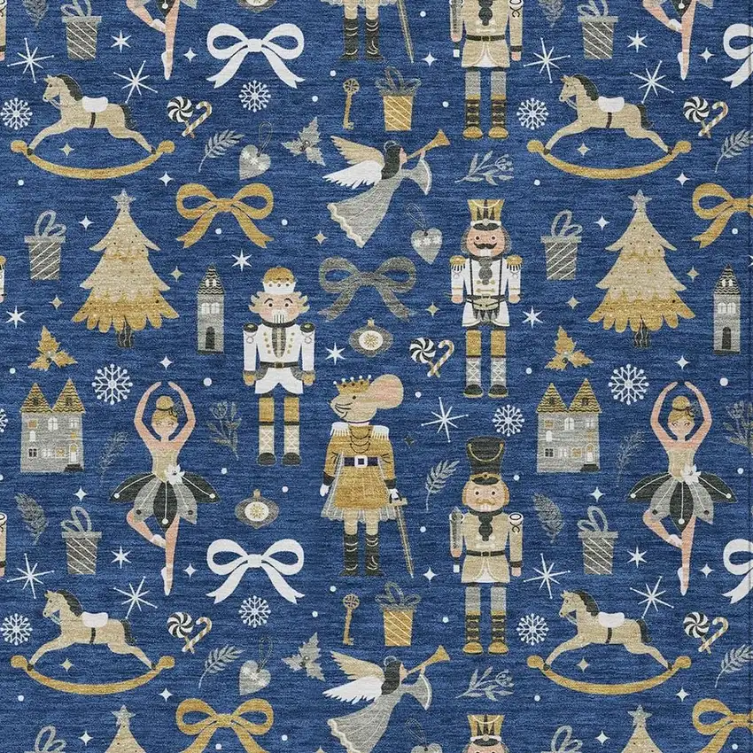 Navy Blue Gold Black And Gray Village Houses Washable Indoor Outdoor Area Rug Photo 3