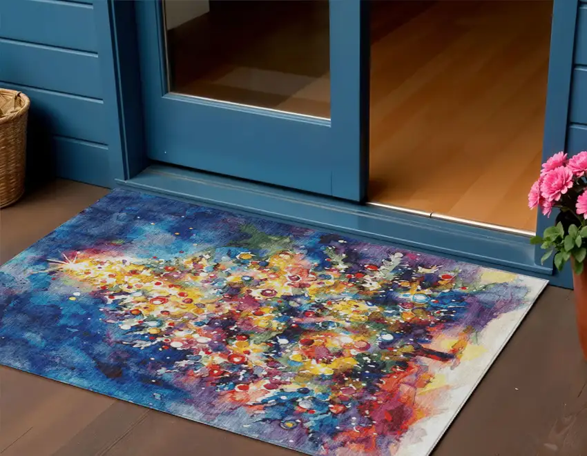 Navy Blue Gold Red And Purple Abstract Washable Indoor Outdoor Area Rug Photo 2