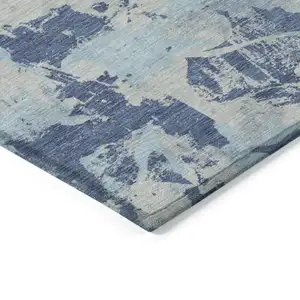 Photo of Navy Blue Gray And Aqua Floral Washable Indoor Outdoor Area Rug