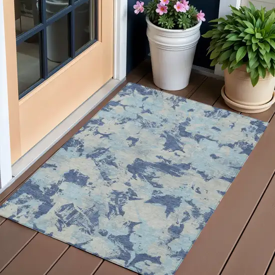 Navy Blue Gray And Aqua Floral Washable Indoor Outdoor Area Rug Photo 1