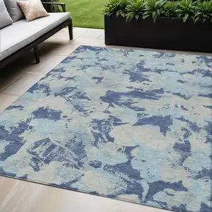 Photo of Navy Blue Gray And Aqua Floral Washable Indoor Outdoor Area Rug
