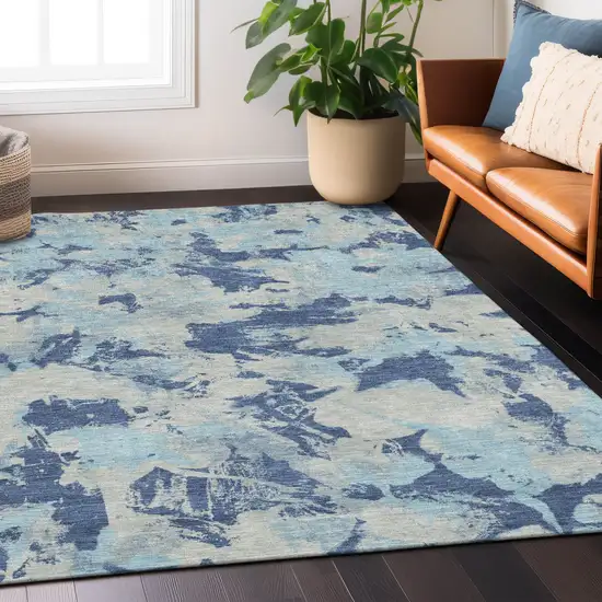 Navy Blue Gray And Aqua Floral Washable Indoor Outdoor Area Rug Photo 9