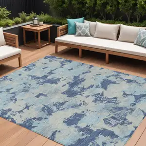 Photo of Navy Blue Gray And Aqua Floral Washable Indoor Outdoor Area Rug