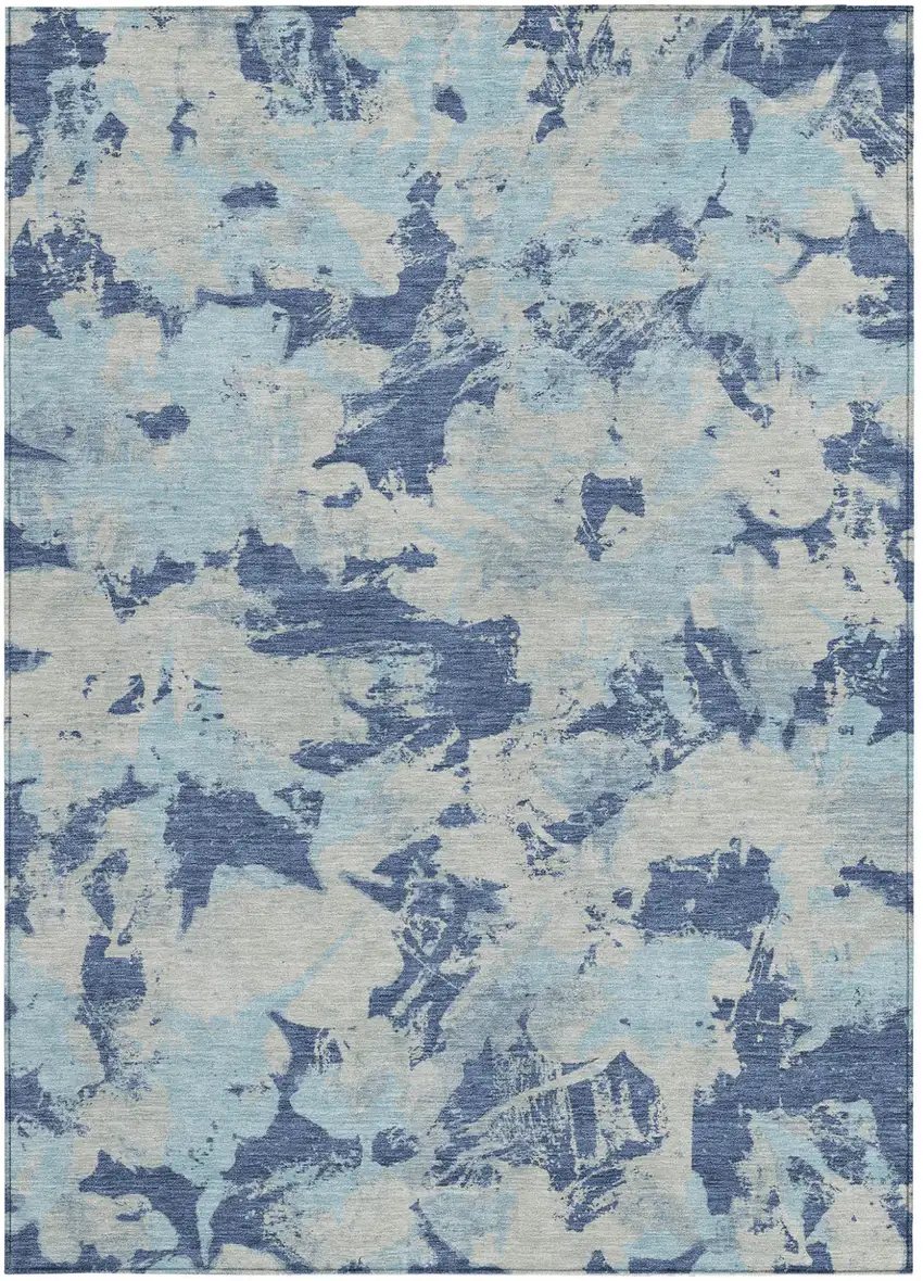 Navy Blue Gray And Aqua Floral Washable Indoor Outdoor Area Rug Photo 6