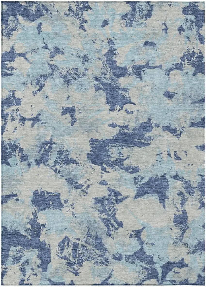 Navy Blue Gray And Aqua Floral Washable Indoor Outdoor Area Rug Photo 2