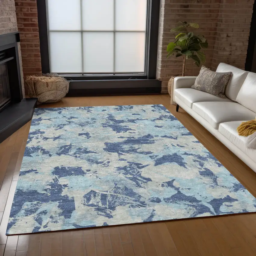 Navy Blue Gray And Aqua Floral Washable Indoor Outdoor Area Rug Photo 9