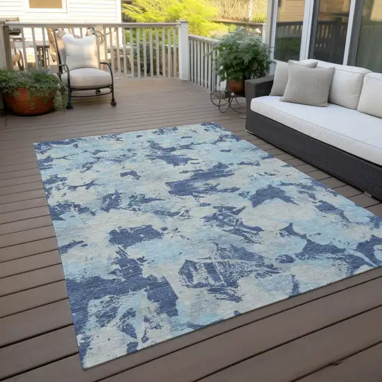 Navy Blue Gray And Aqua Floral Washable Indoor Outdoor Area Rug Photo 7