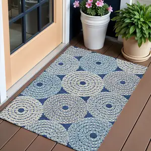 Photo of Navy Blue Gray And Aqua Geometric Washable Indoor Outdoor Area Rug