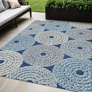 Photo of Navy Blue Gray And Aqua Geometric Washable Indoor Outdoor Area Rug
