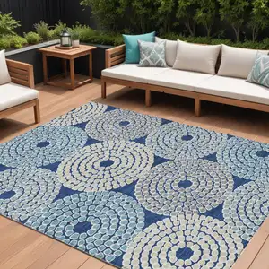 Photo of Navy Blue Gray And Aqua Geometric Washable Indoor Outdoor Area Rug
