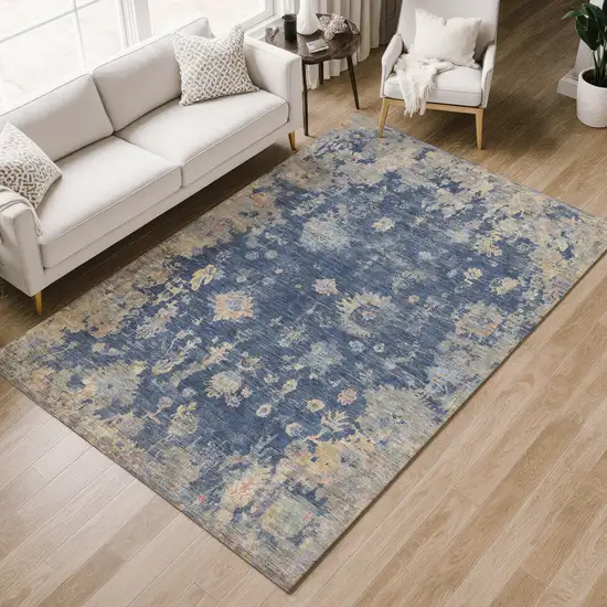 Navy Blue Gray And Beige Floral Washable Indoor Outdoor Area Rug Photo 9