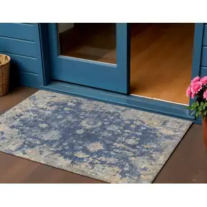 Photo of Navy Blue Gray And Beige Floral Washable Indoor Outdoor Area Rug