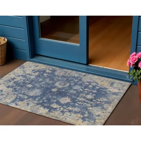 Navy Blue Gray And Beige Floral Washable Indoor Outdoor Area Rug Photo 1