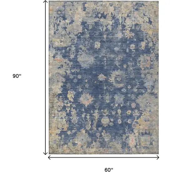 Navy Blue Gray And Beige Floral Washable Indoor Outdoor Area Rug Photo 3
