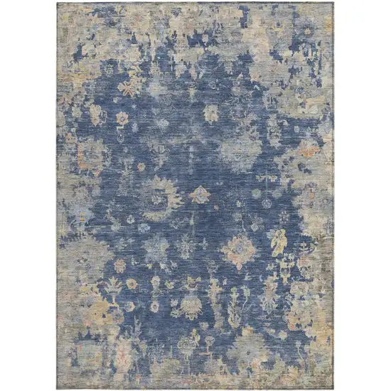 Navy Blue Gray And Beige Floral Washable Indoor Outdoor Area Rug Photo 4