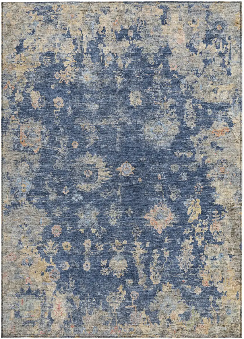 Navy Blue Gray And Beige Floral Washable Indoor Outdoor Area Rug Photo 4