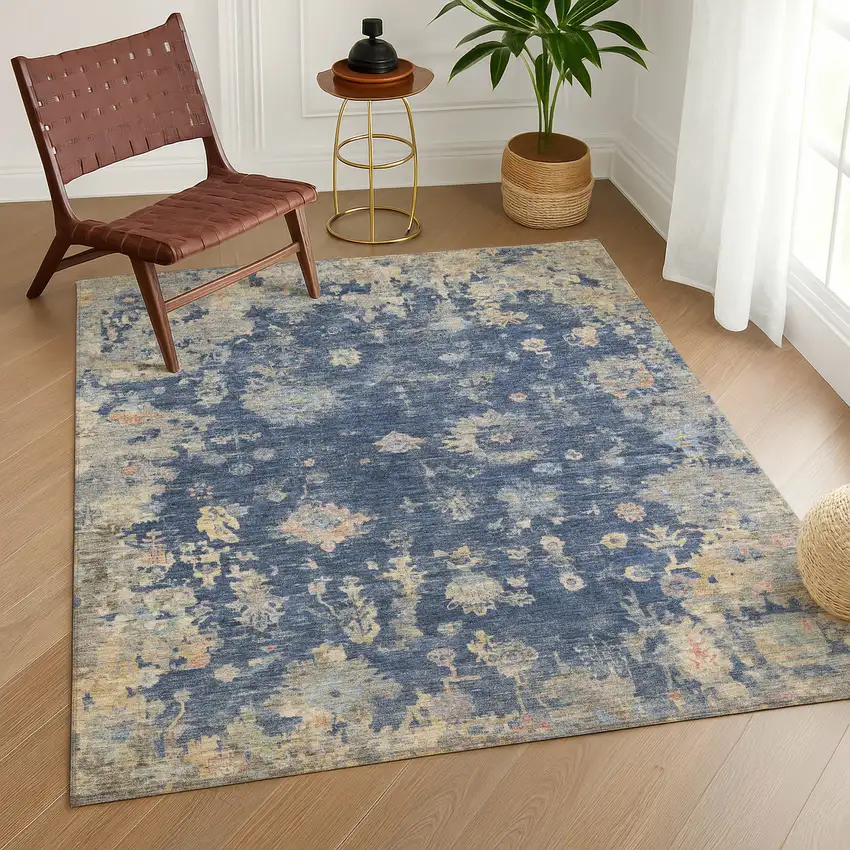 Navy Blue Gray And Beige Floral Washable Indoor Outdoor Area Rug Photo 9