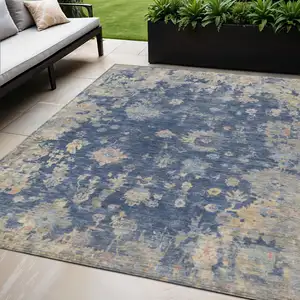 Photo of Navy Blue Gray And Beige Floral Washable Indoor Outdoor Area Rug