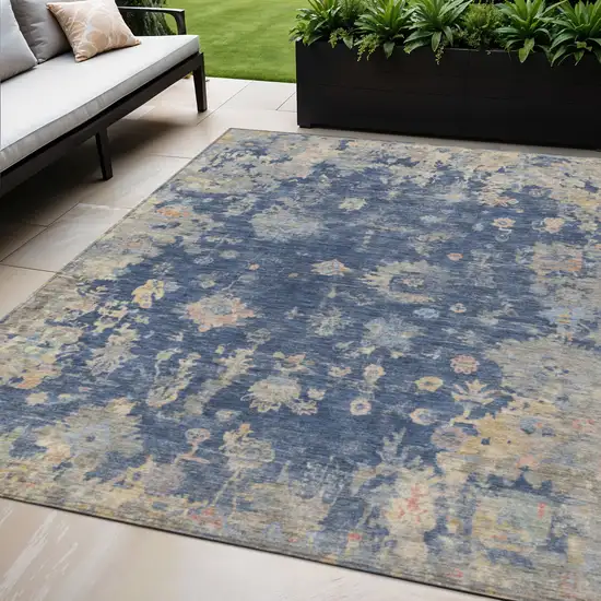 Navy Blue Gray And Beige Floral Washable Indoor Outdoor Area Rug Photo 1