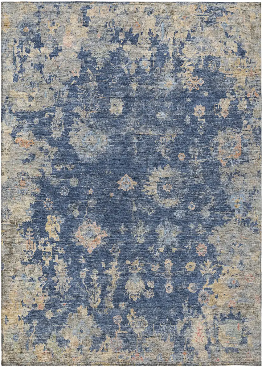 Navy Blue Gray And Beige Floral Washable Indoor Outdoor Area Rug Photo 2
