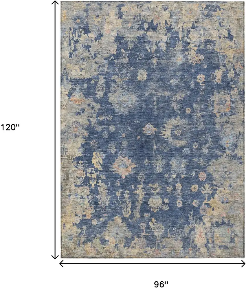 Navy Blue Gray And Beige Floral Washable Indoor Outdoor Area Rug Photo 3