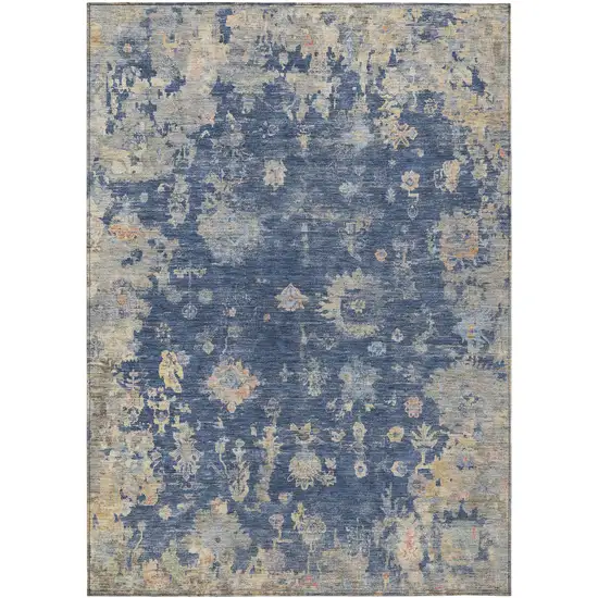 Navy Blue Gray And Beige Floral Washable Indoor Outdoor Area Rug Photo 2
