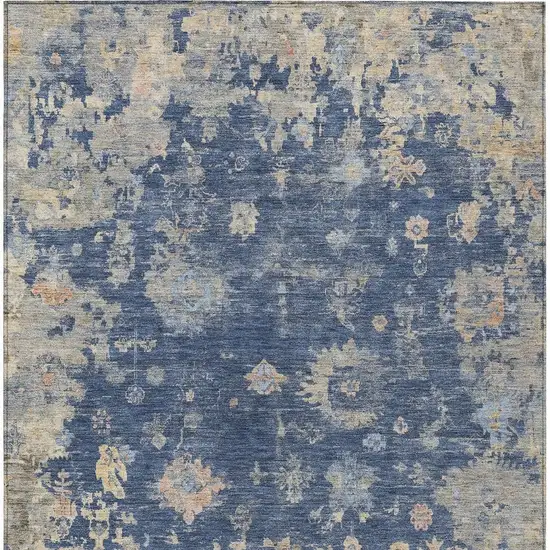 Navy Blue Gray And Beige Floral Washable Indoor Outdoor Area Rug Photo 4