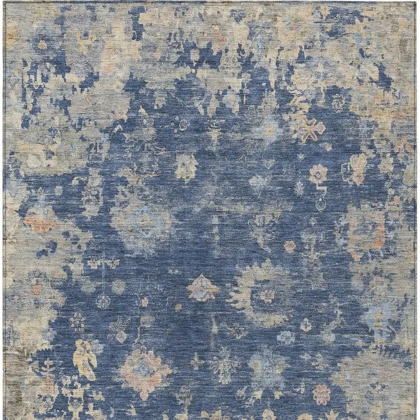 Navy Blue Gray And Beige Floral Washable Indoor Outdoor Area Rug Photo 4